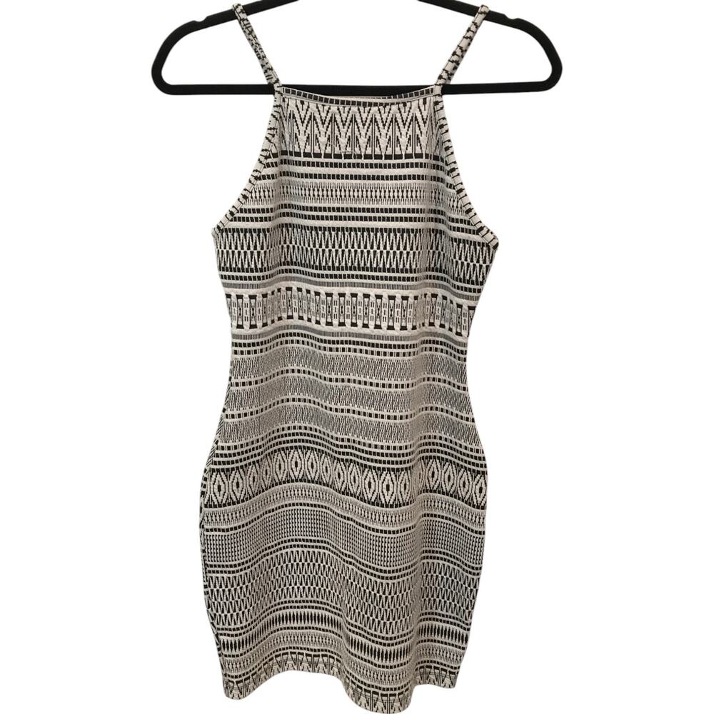 Material Girl Mini Dress Womens L Black and White Tribal Print Stretch Bodycon